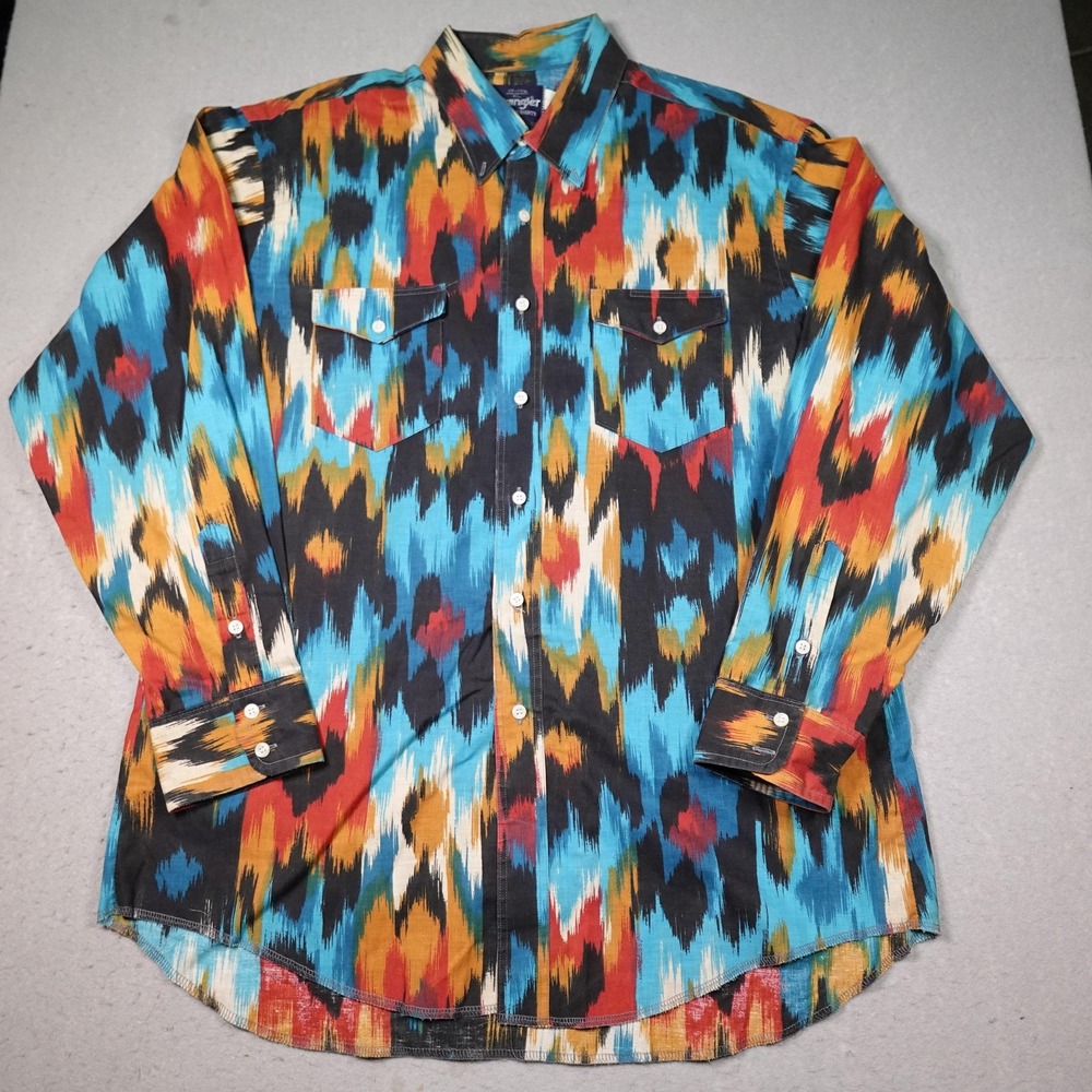 Vintage Wrangler Western Shirt Men XL Multicolor Ikat Tribal Cotton Long Sleeve